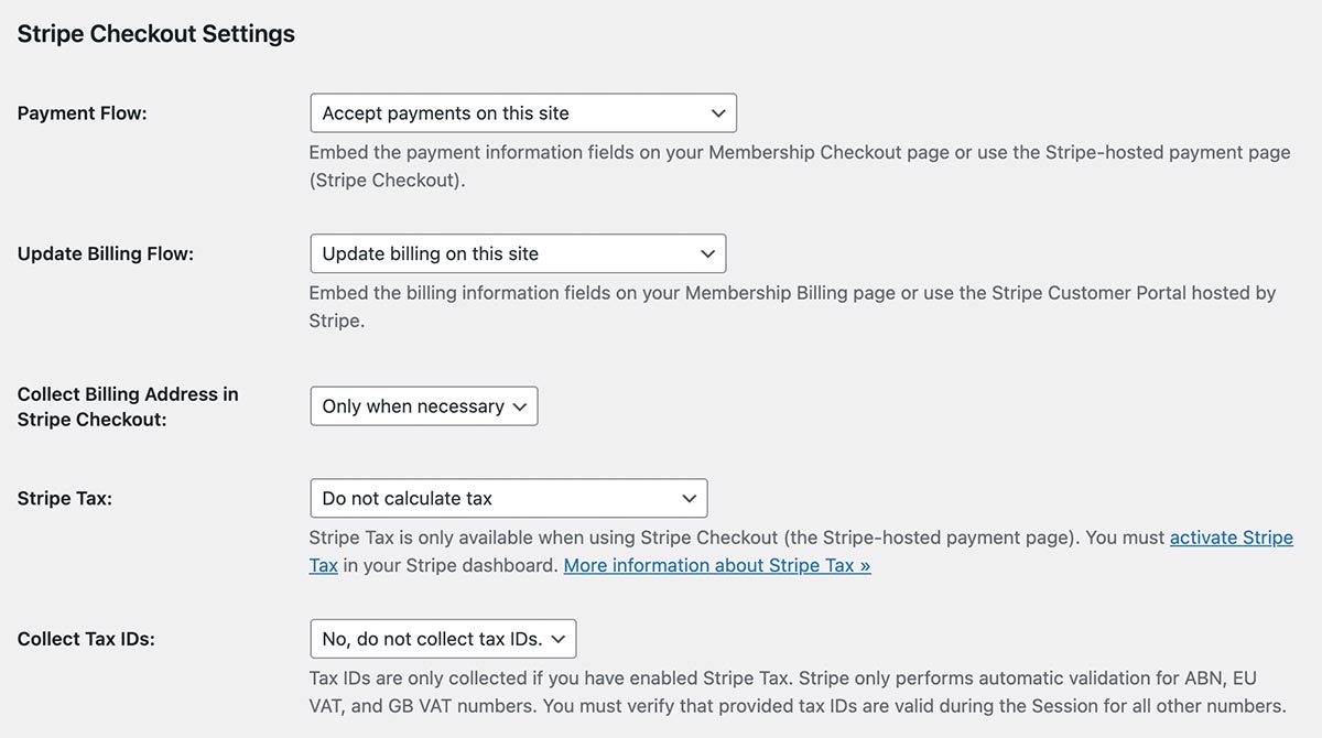 Stripe Checkout Settings on the Memberships > Settings > Payment Gateway screen in the WordPress admin
