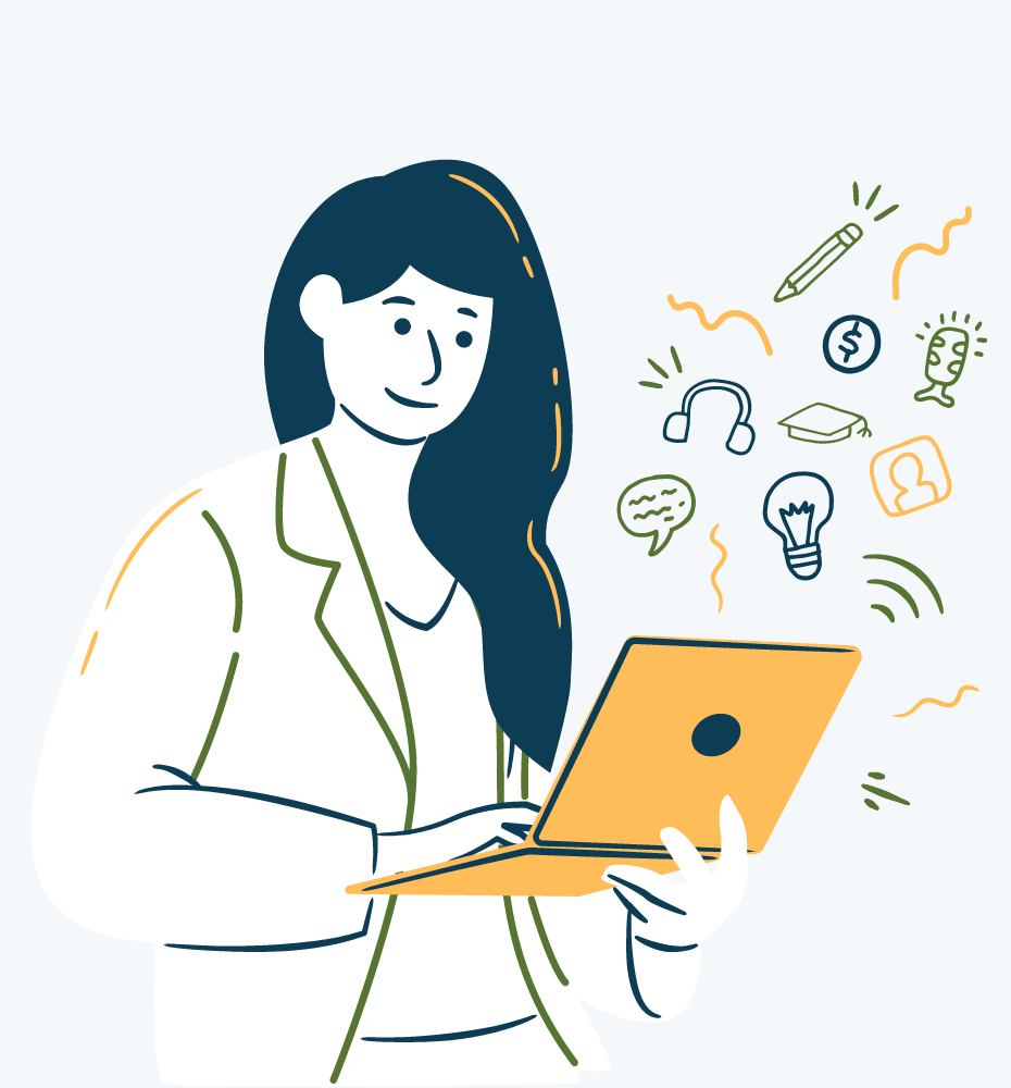 Woman holding a computer with icons of different membership business ideas.