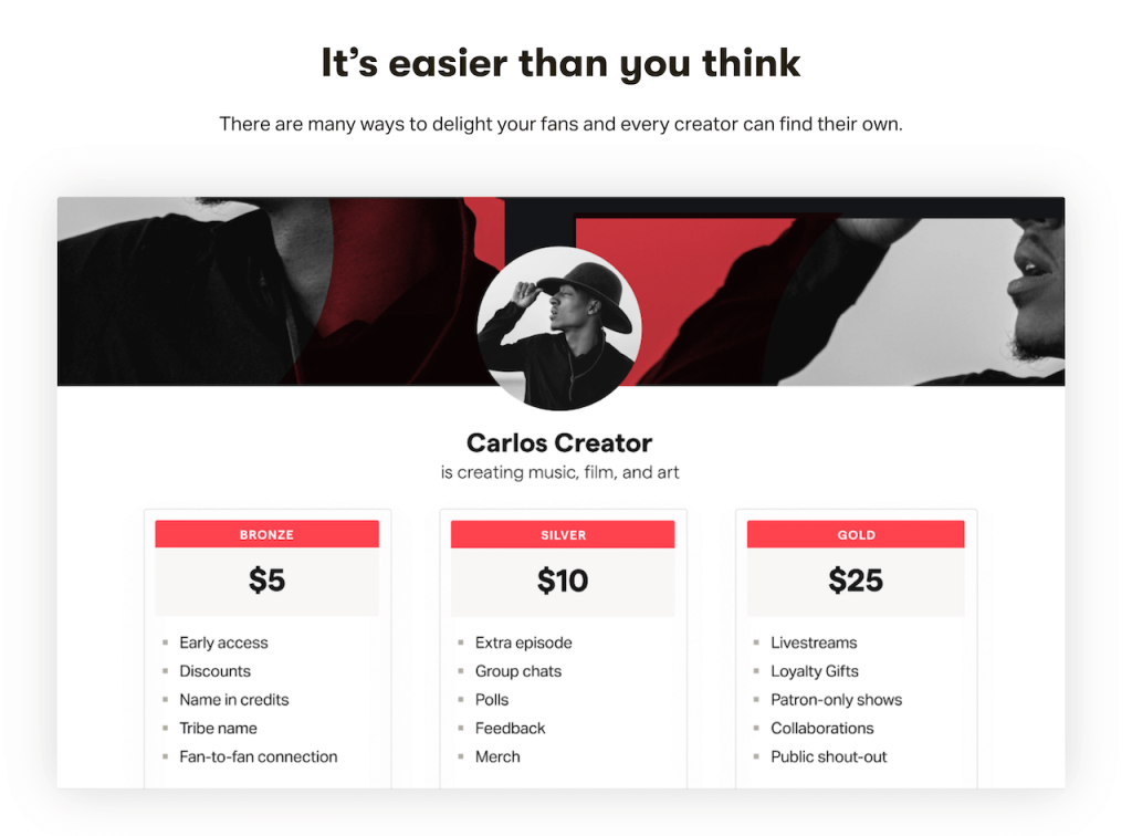 Screenshot of Carlos Creator Monthly Membership Levels and Pricing