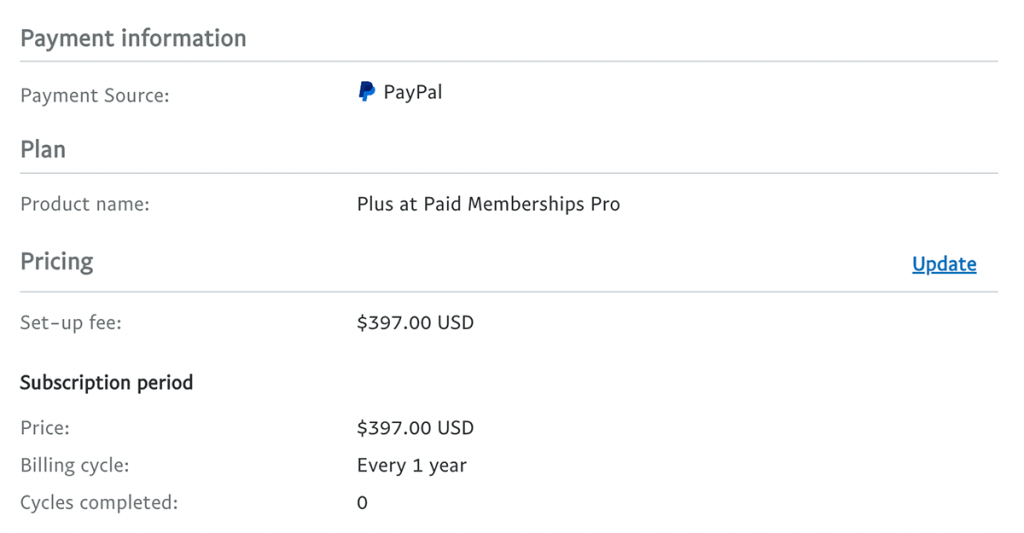 Screenshot of PayPal Payment Information about Chose Subscription