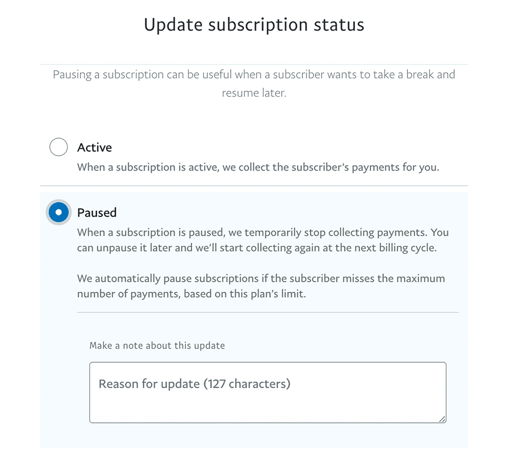 Updating a subscription's status in PayPal gateway dashboard