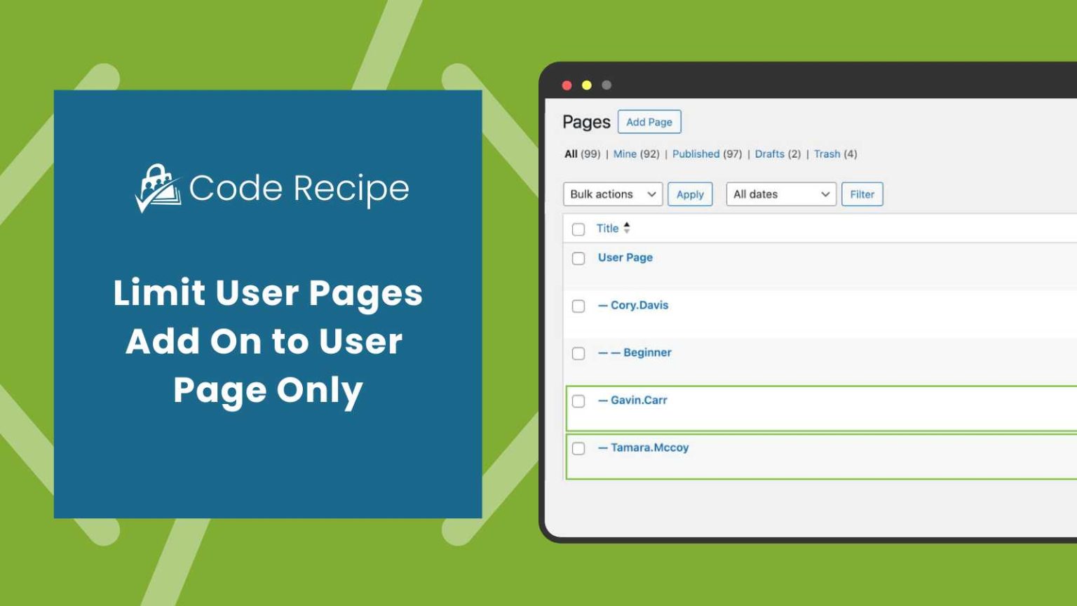Add Only Page Example Limit User Pages Add On to User Page Only