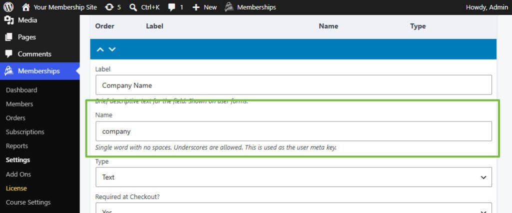 Screenshot of the User Fields Admin, emphasizing the "Name" field which is what we want for this code recipe.