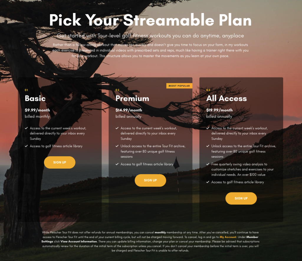 Screenshot of Fleischer Tour Fit membership pricing tiers