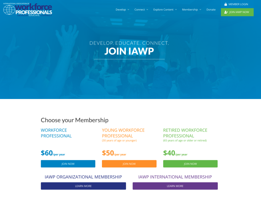 Screenshot of the International Association of Workforce Professionals membership pricing tiers