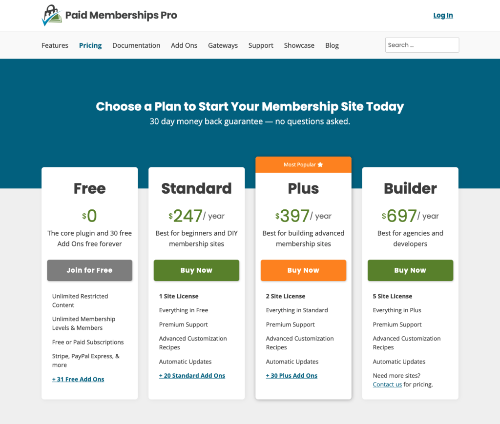 Screenshot of Paid Memberships Pro membership pricing tiers