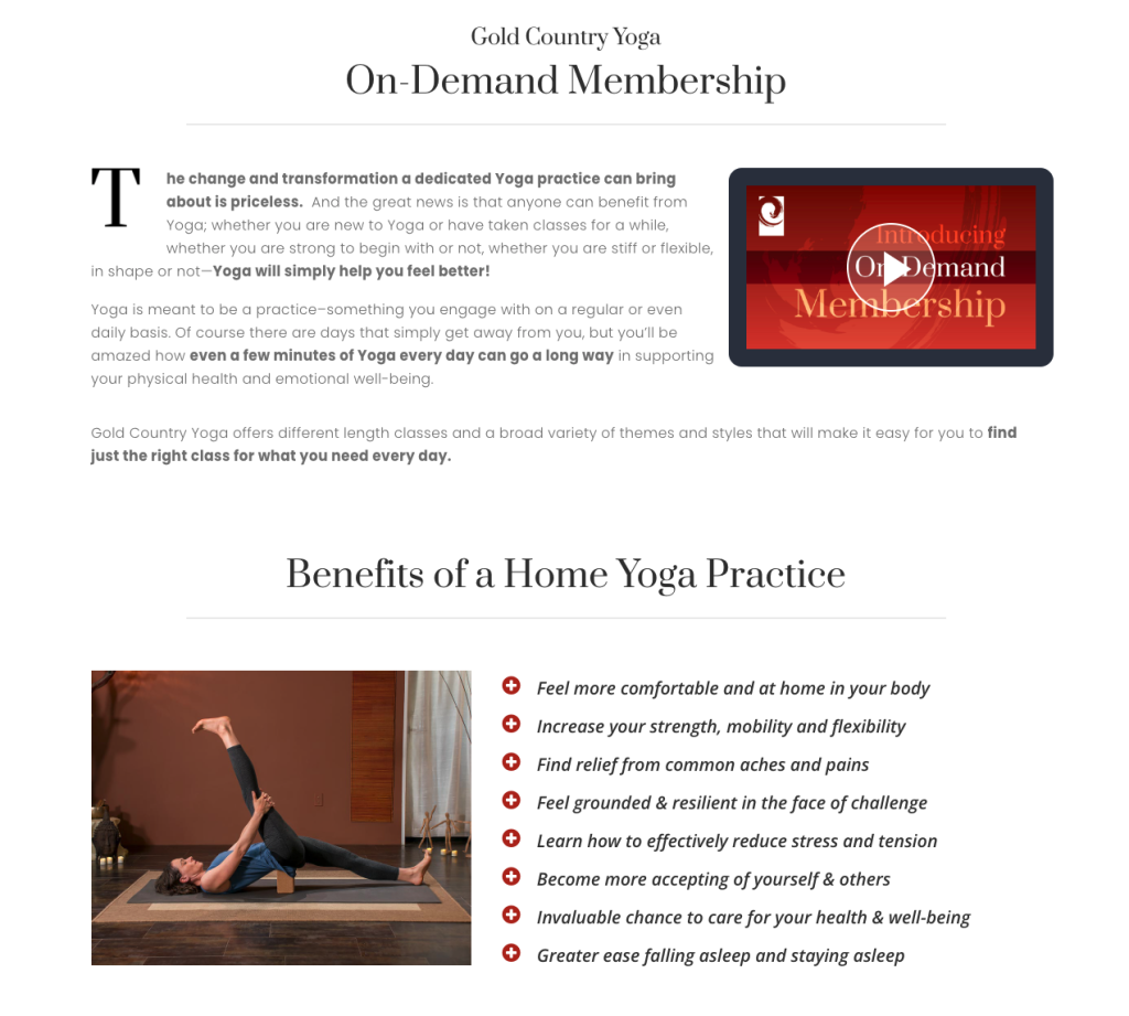 Gold Country Yoga Membership Pricing Page Screenshot
