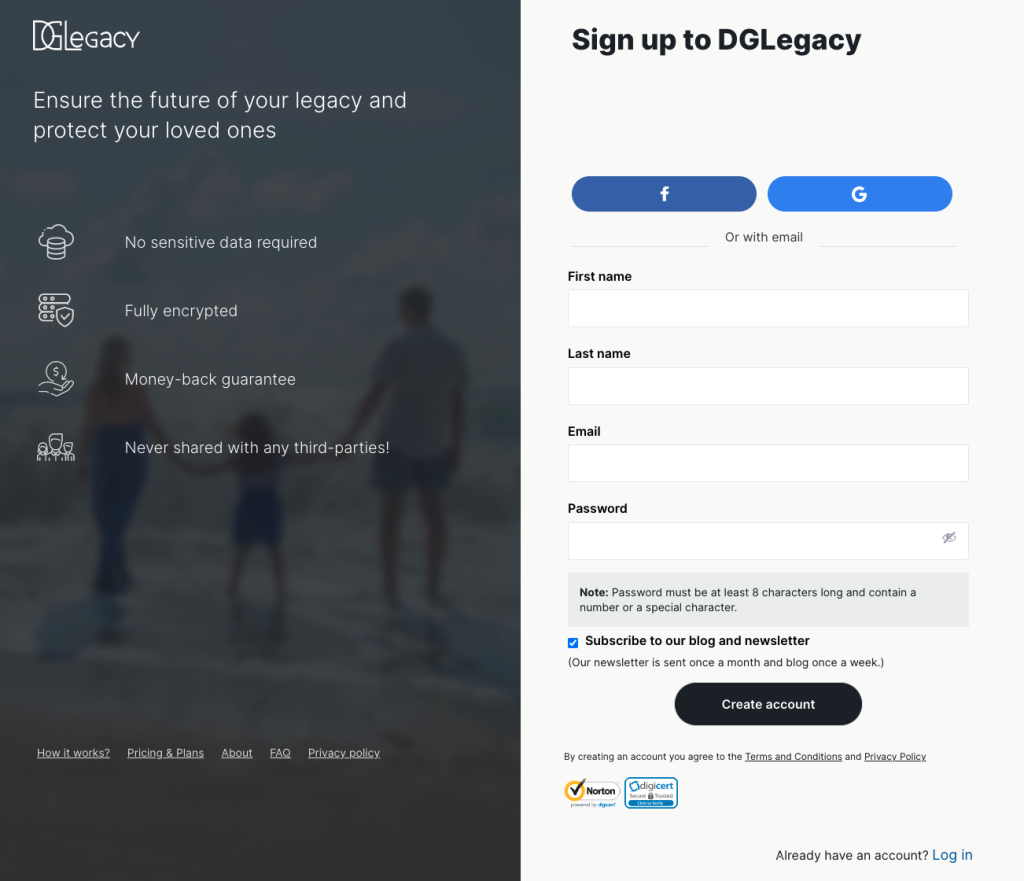 DGLegacy Log In page with benefits