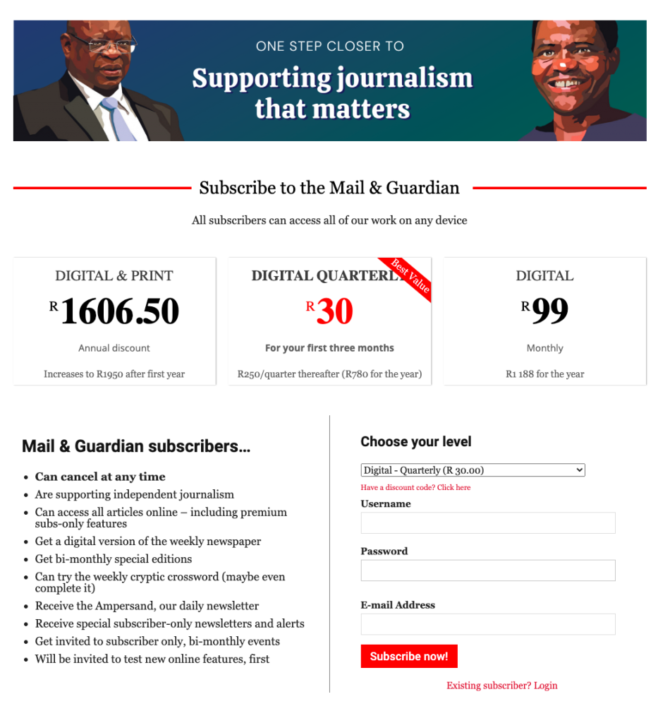 Pricing and Sign Up or Log In page screenshot from Mail and Guardian