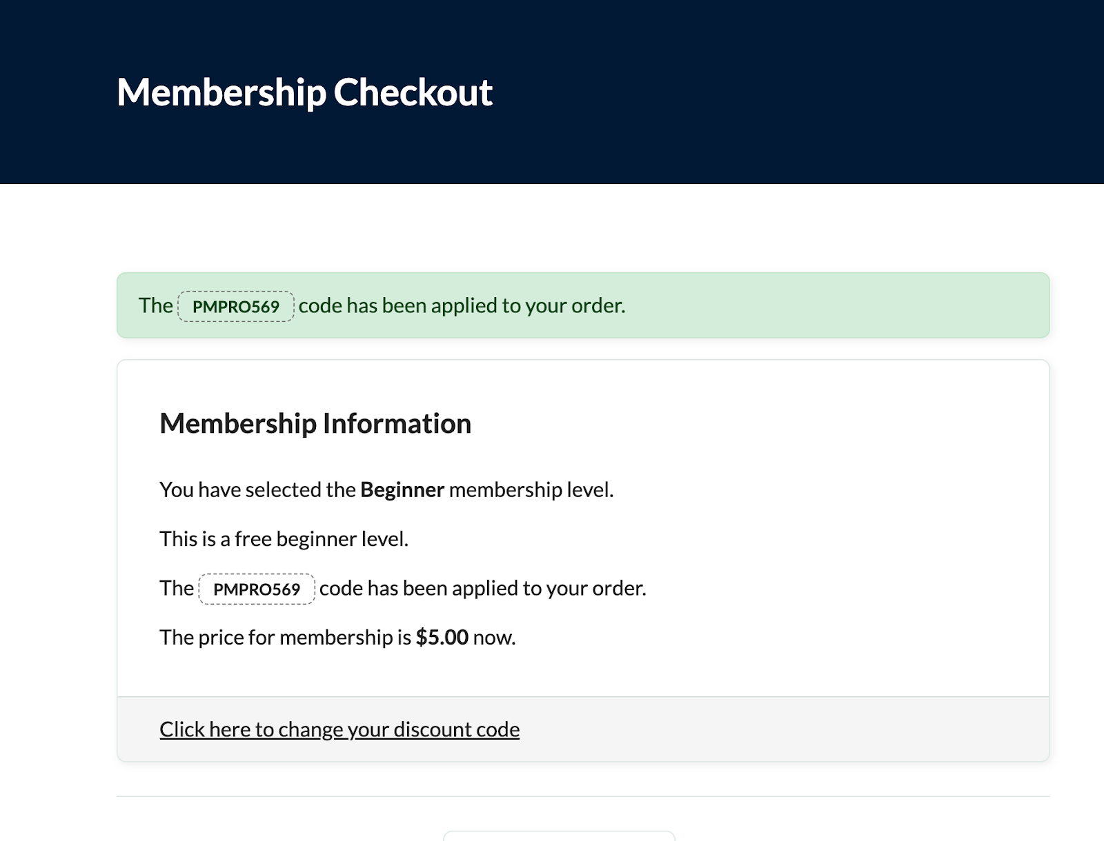 Screenshot of the membership checkout page with a discount code applied to the order.