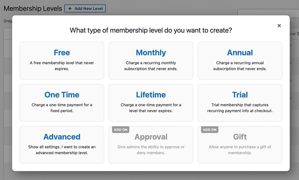 Screenshot of the Add Membership Level > Select a Level Template new admin settings screen