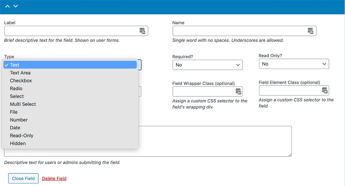 Screenshot of the Create Field admin settings page in Paid Memberships Pro v2.9