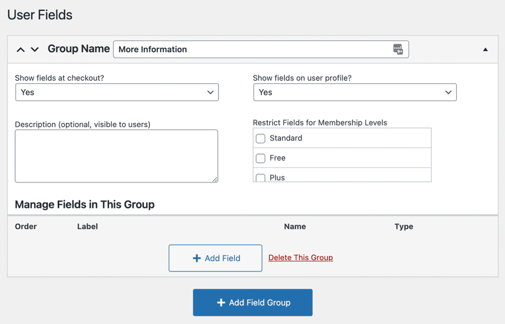 Screenshot of the User Fields admin settings page in Paid Memberships Pro