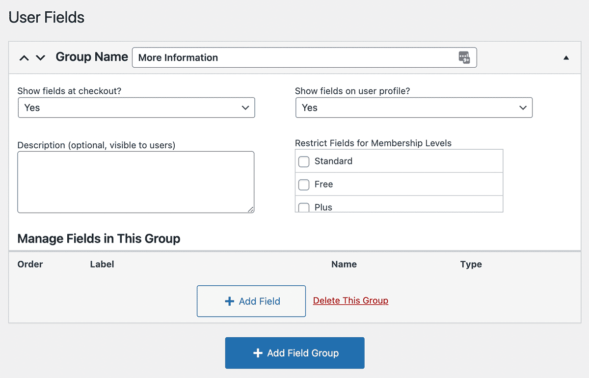 Screenshot of the User Fields admin settings page in Paid Memberships Pro v2.9