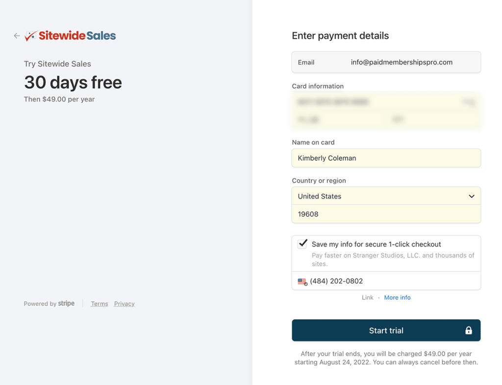 Screenshot of Stripe Checkout using Stripe Link to store and autofill customer payment details