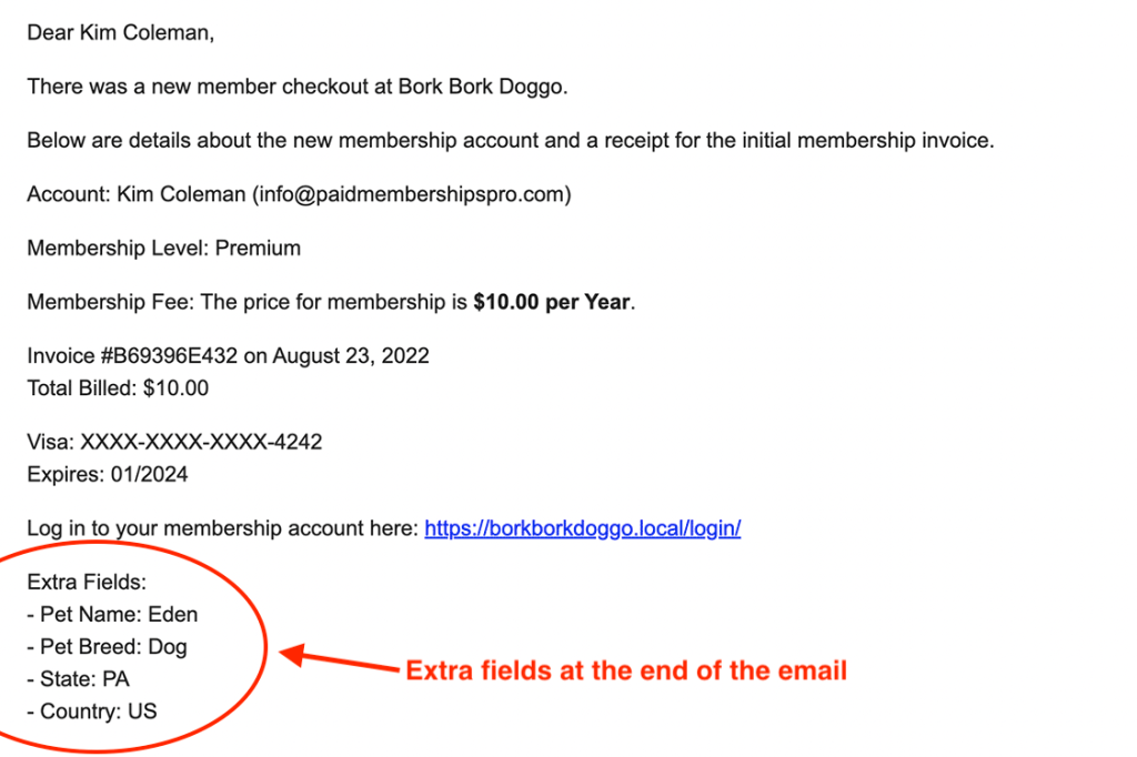 Screenshot of an admin checkout email with additional user fields included at the end of the email content