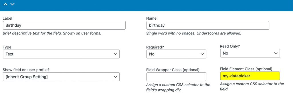 Screenshot of the Settings > User Fields admin page to add a user field for date with the my-datepicker field class