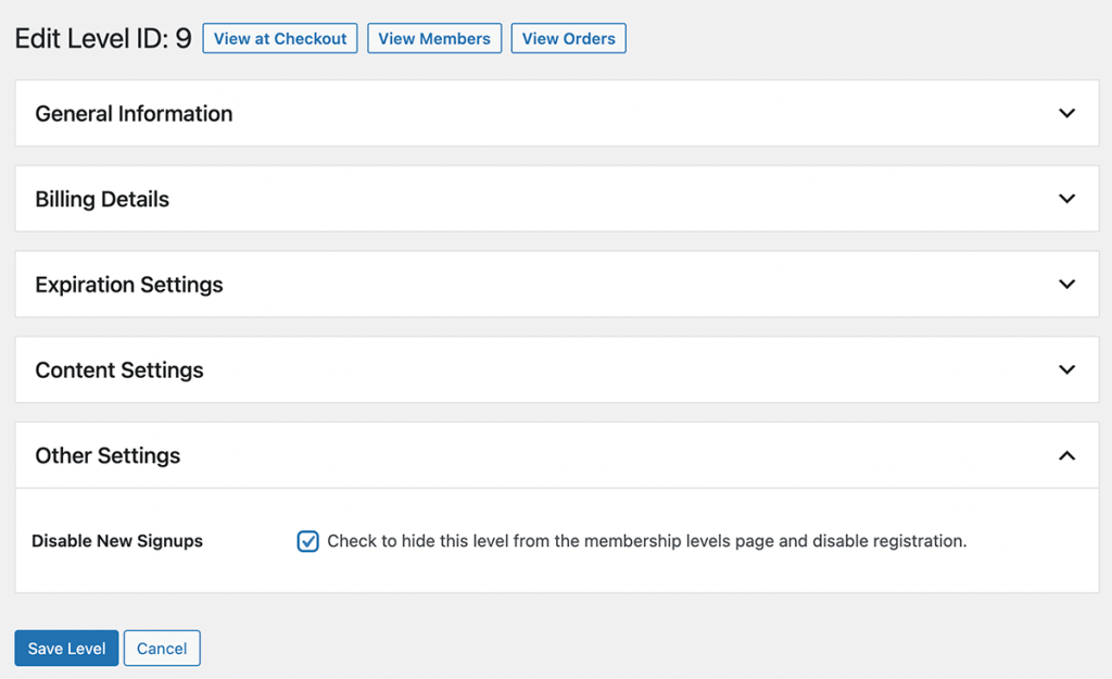 Edit Level Settings to Disable New Signups for a specific level 