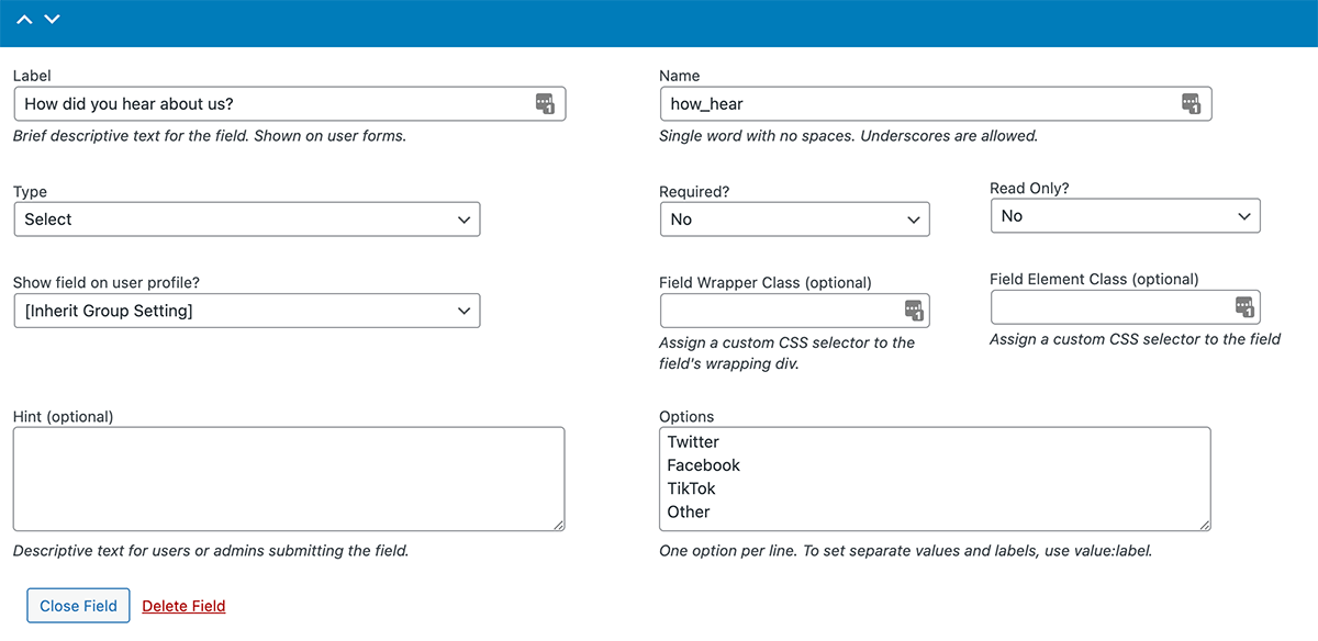 Screenshot of the Edit User Fields > Add New Field for "How did you hear about us?"