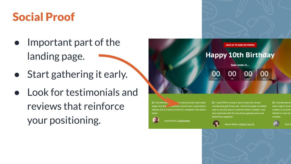 Slide from Jason's webinar with screenshot of social proof on an example sale landing page.