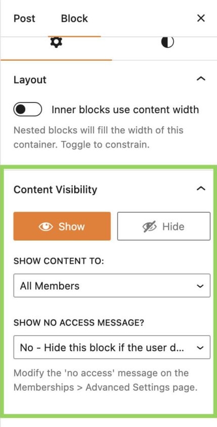 Screenshot of block settings in WordPress editor to show the settings for content visbility