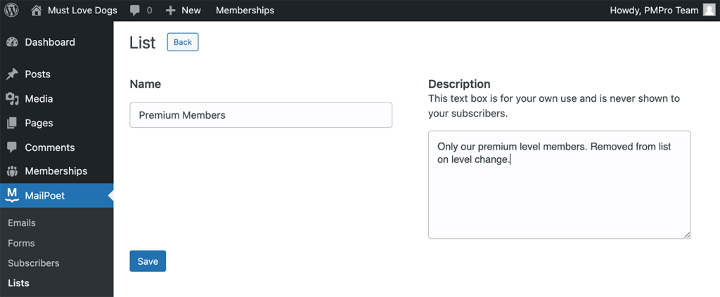 Create a list in MailPoet for Each Membership Level