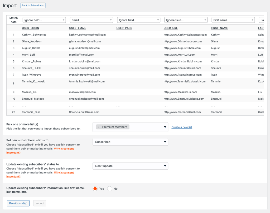 Map Imported Fields From Members List to MailPoet Subscriber Fields and Select List to Import To