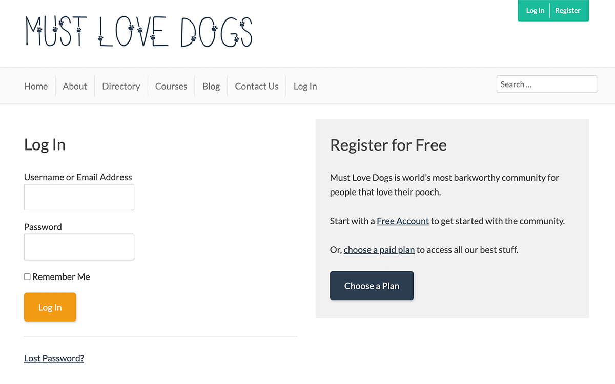 Dual login and register page with Paid Memberships Pro frontend login.
