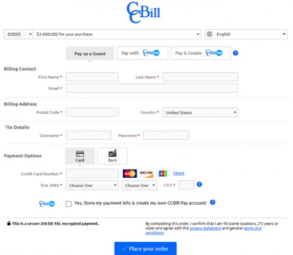 CCBill Checkout page with Billing contact and address information