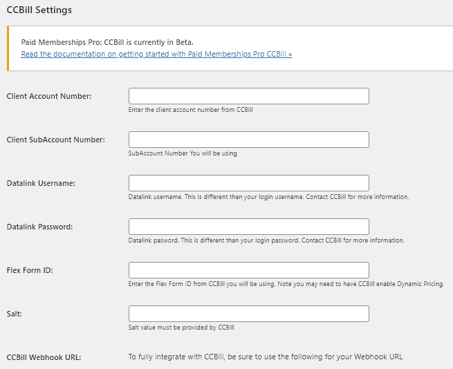 CCBill Settings within PMPro Add On