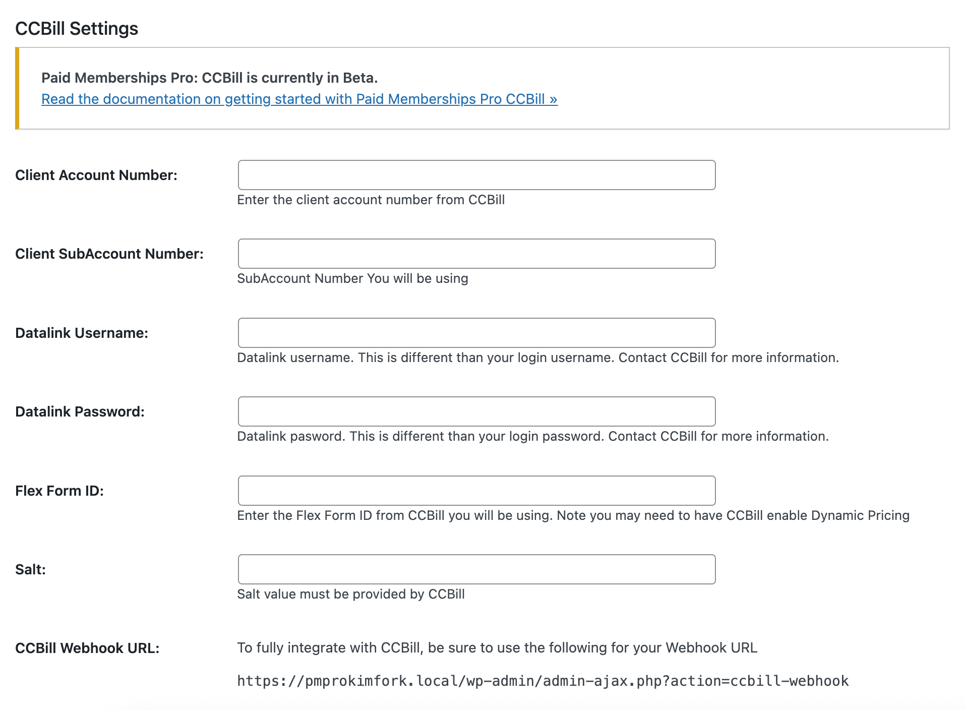 Screenshot of the Memberships > Settings > Payment Gateway settings page with CCBill selected