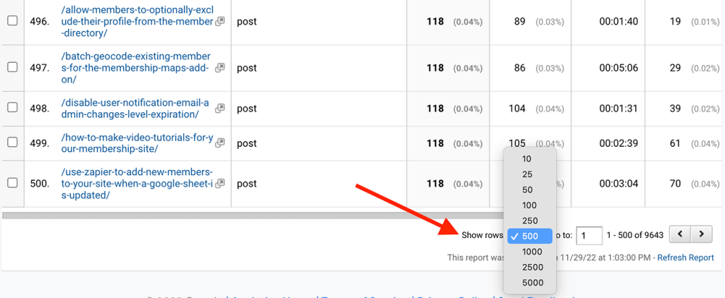 Screenshot emphasizing how many rows should be shown within Google Analytics