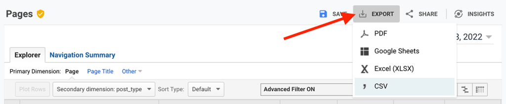 Screenshot in Google Analytics emphasizing export options