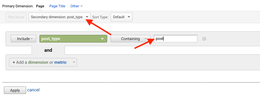 Screenshot of filtering post type in Google Analytics