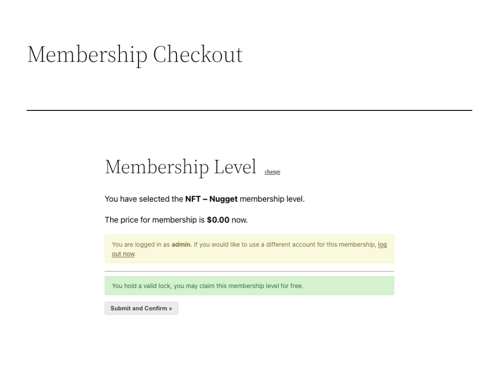 PMPro Unlock integration membership checkout screen where a valid NFT holder can claim the membership level for free