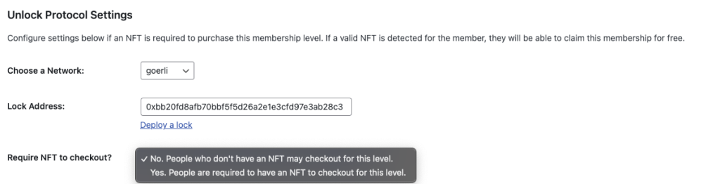 PMPro Unlock integration membership level settings to link an NFT to a membership level