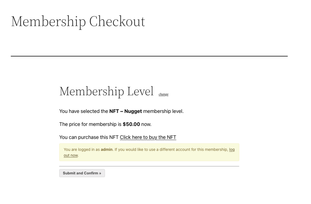 PMPro Unlock integration membership checkout screen with the option to purchase the NFT
