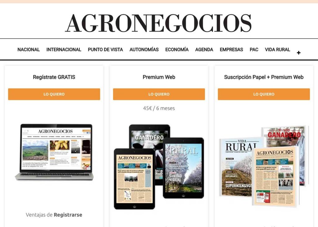 Agronegocios Membership Level website page