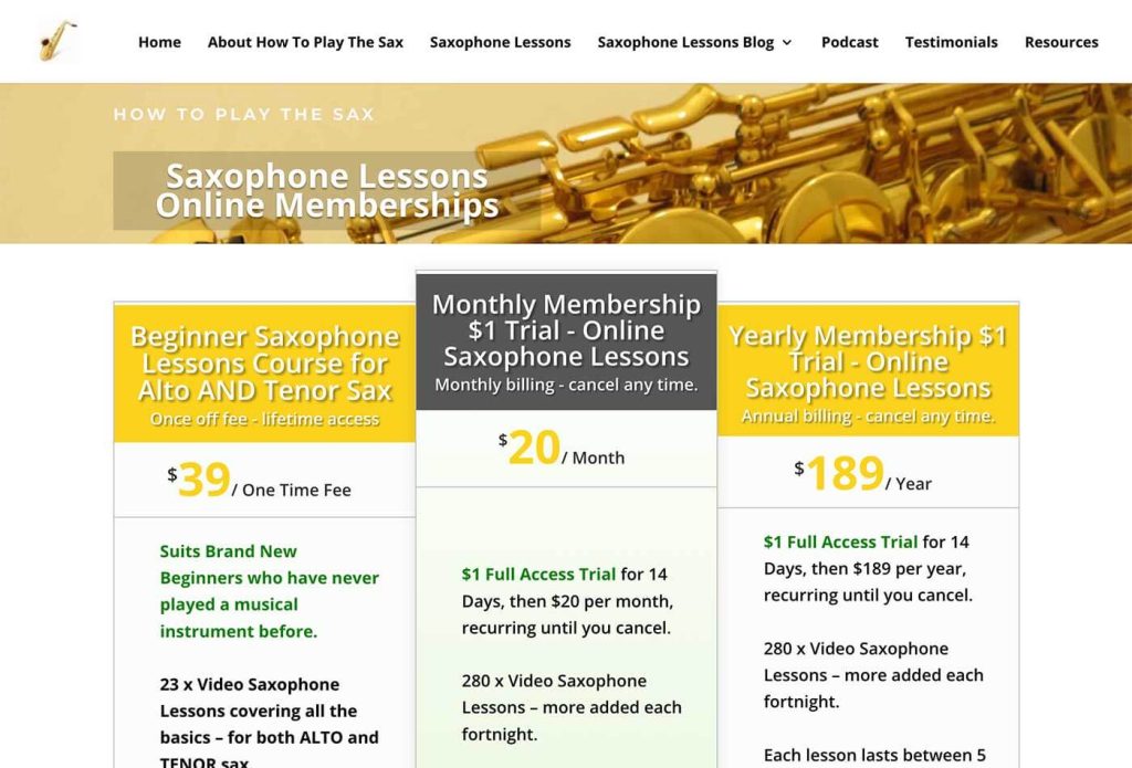 How to Play the Sax Membership Level website page