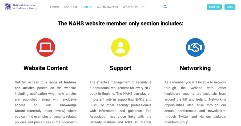 NAHS Association website explaining membership benefits page