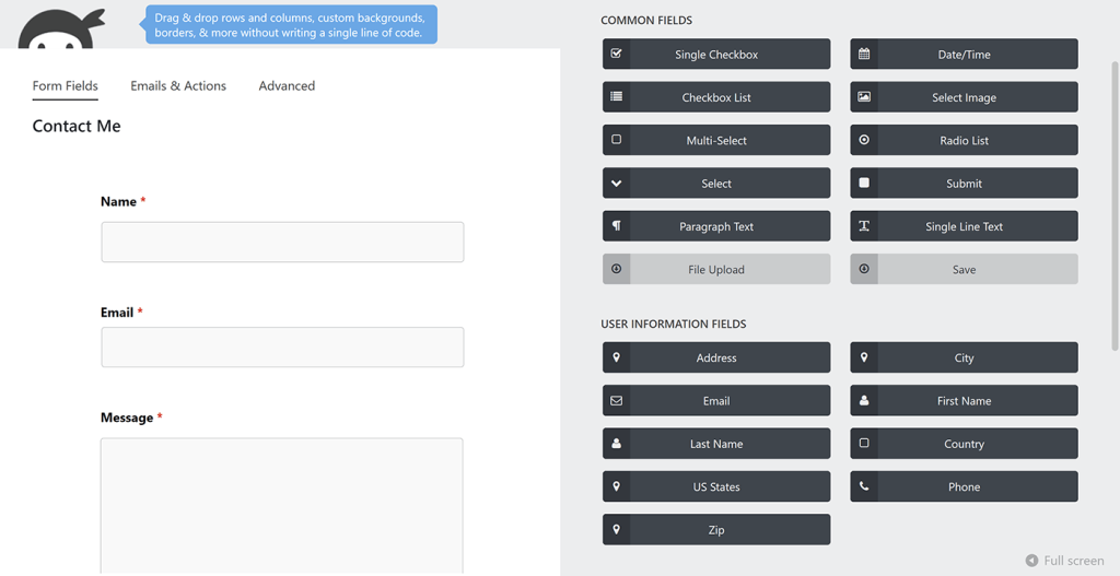 Browse the list of form field types available in the Ninja Form builder