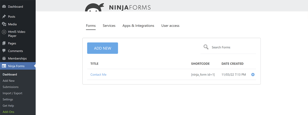 View all Ninja Forms, Create a New Form, and View Form Submissions from the Ninja Forms Dashboard