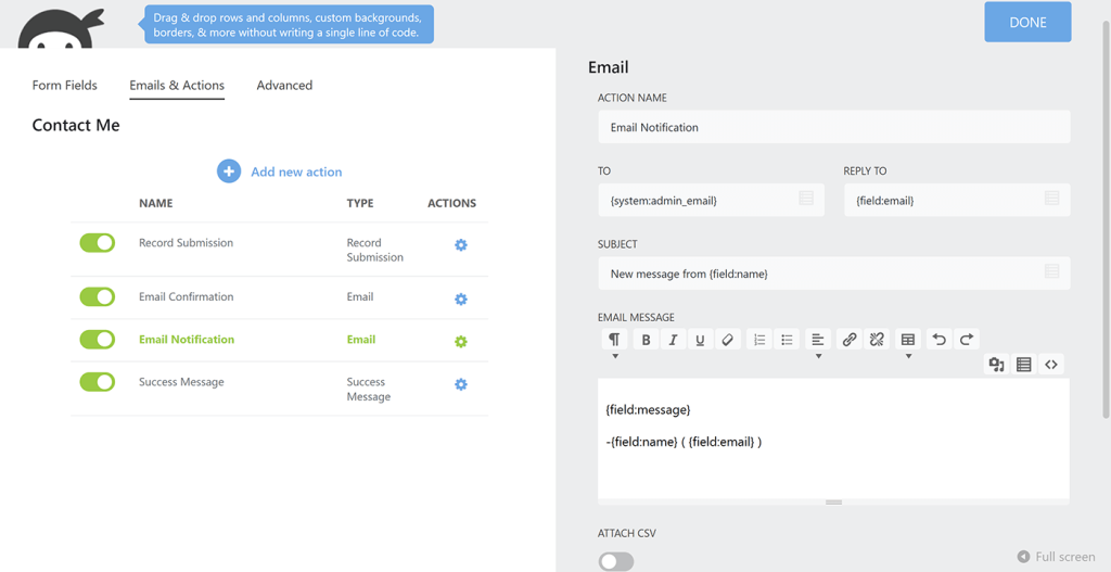 Customize the Email Notification sent after successful form submission in the Ninja Forms builder