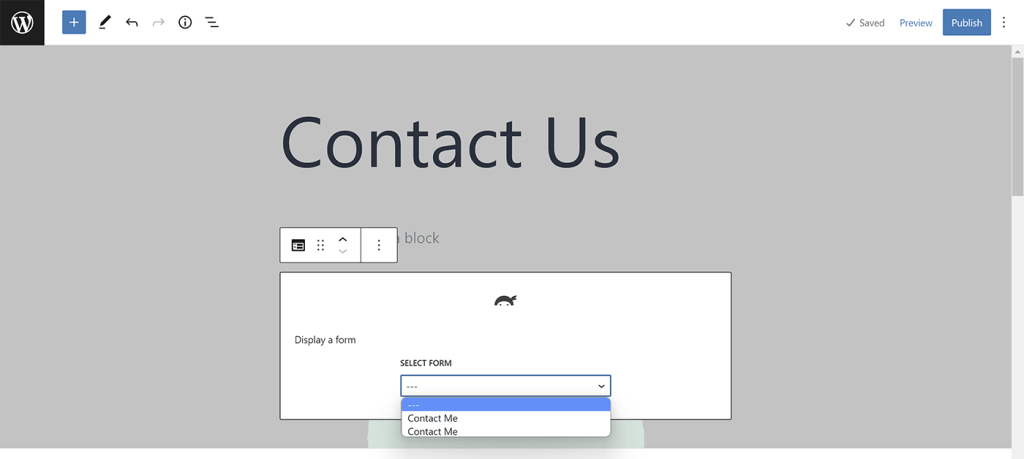 Insert the Ninja Form Block and Select Your Form in the WordPress Block Editor