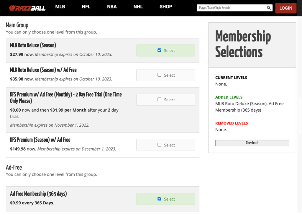 Razzball Membership Level website page