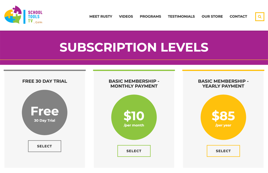 School Tools TV Subscription Levels website page
