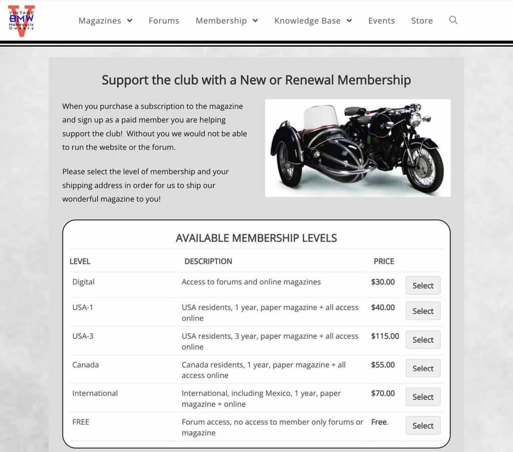 Vintage BMW Motorcycles membership level website page