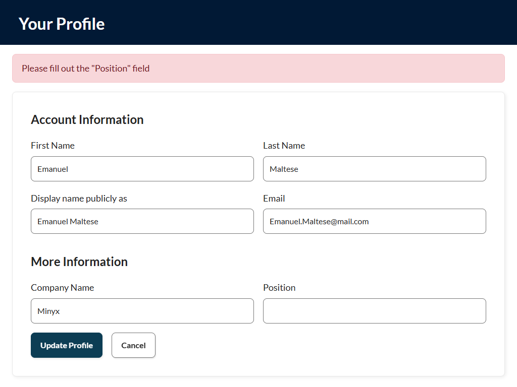 Screenshot of when you're editing your profile page and you leave a required field empty, it will display the error from the code recipe and block submission.