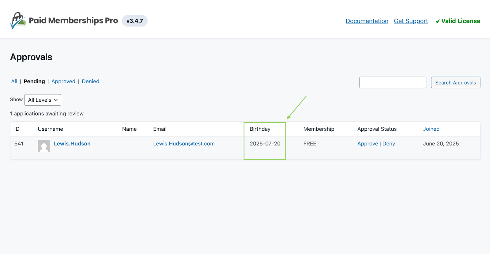 Screenshot of application fields in the Member Approvals admin dashboard