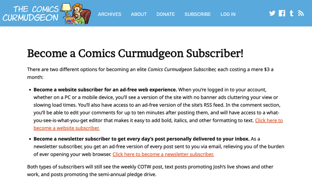 Screenshot of the Comics Curmudgeon subscription page.